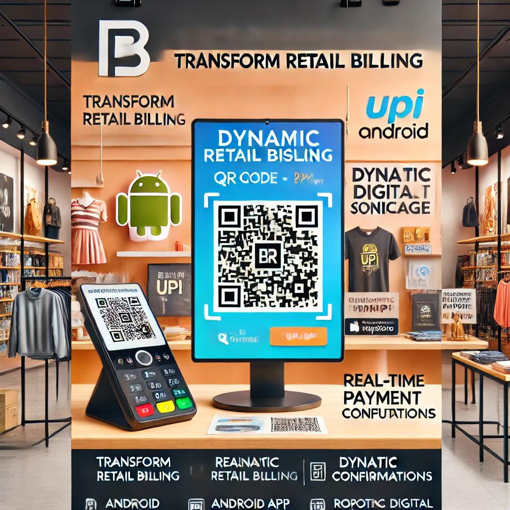 Smart retail display poster showcasing dynamic billing, UPI QR code payments, and real-time confirmations by Bonrix Software Systems in a retail setting