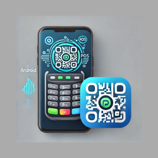 Illustration of a mobile phone displaying a QR code with a point-of-sale terminal, representing Android payment processing.